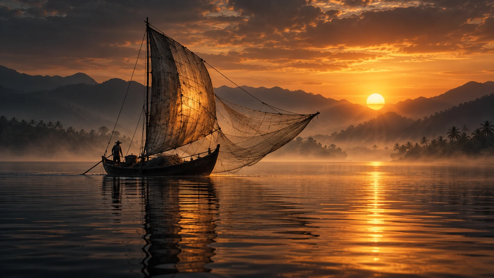 A wooden boat and fishing net on amber water.