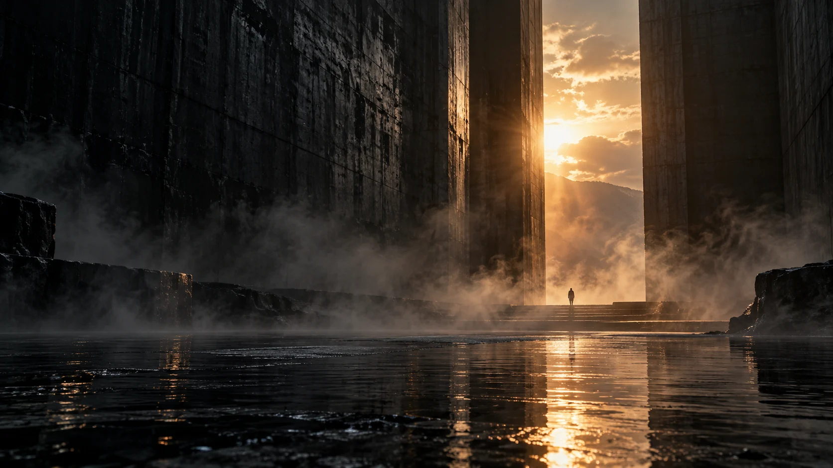 Mist and reflected golden light between monumental dark walls.
